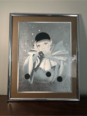 Vintage Art Deco Clown Pierrot Framed Print Silver Metallic leaf foil Retro glam
